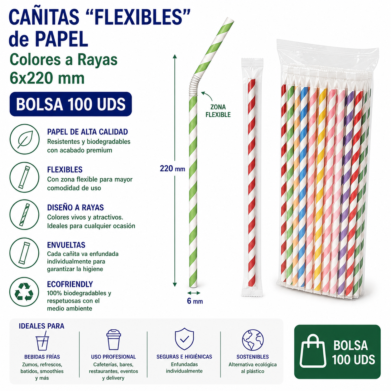 CAÑITAS “FLEXIBLES” de PAPEL Colores a Rayas 6x220mm - BOLSA 100 UDS CAÑITAS “FLEXIBLES” de PAPEL Colores a Rayas 6x220mm - BOLSA 100 UDS - Imagen 1