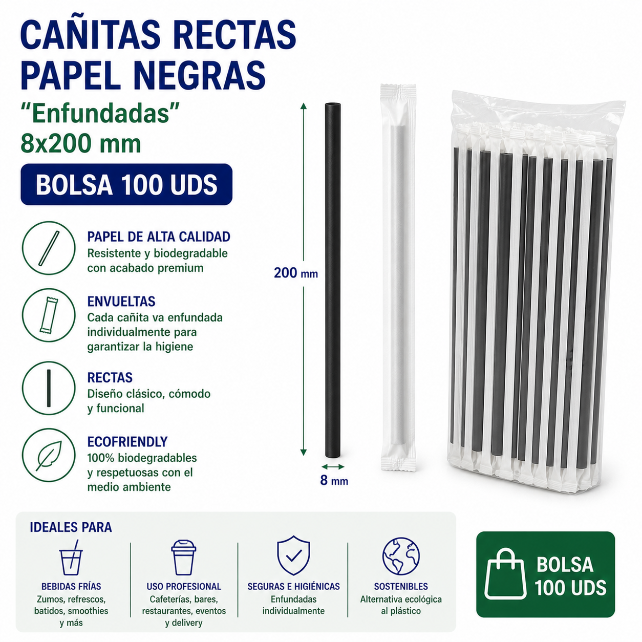 CAÑITAS RECTAS PAPEL NEGRAS “Enfundadas” 8x200mm – BOLSA 100 UDS CAÑITAS RECTAS PAPEL NEGRAS “Enfundadas” 8x200mm - BOLSA 100 UDS - Imagen 1