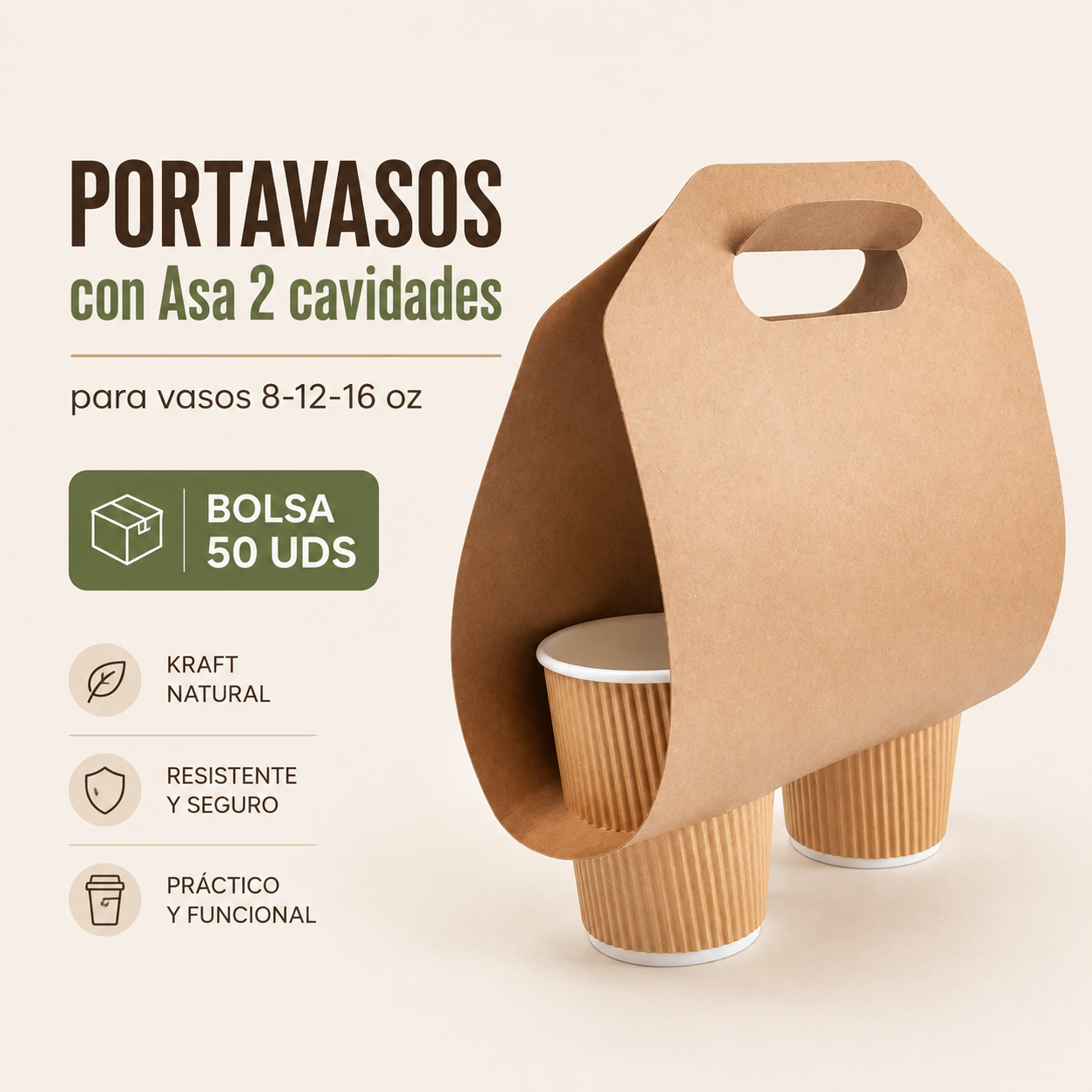 PORTAVASOS con Asa 2 cavidades - para vasos 8-12-16 oz - BOLSA 50 UDS PORTAVASOS con Asa 2 cavidades - para vasos 8-12-16 oz - BOLSA 50 UDS - Imagen 1