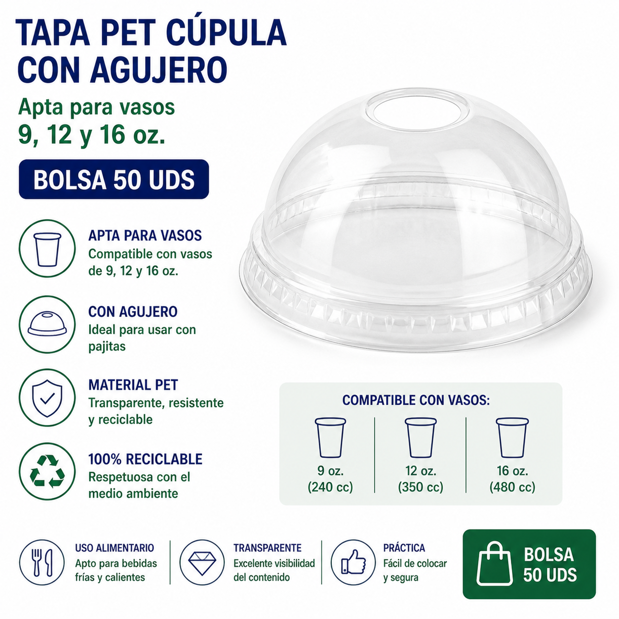 TAPA PET Cúpula con agujero TAPA PET Cúpula con agujero, apta para vasos 9, 12 y 16 oz. - BOLSA 50 UDS - Imagen 1