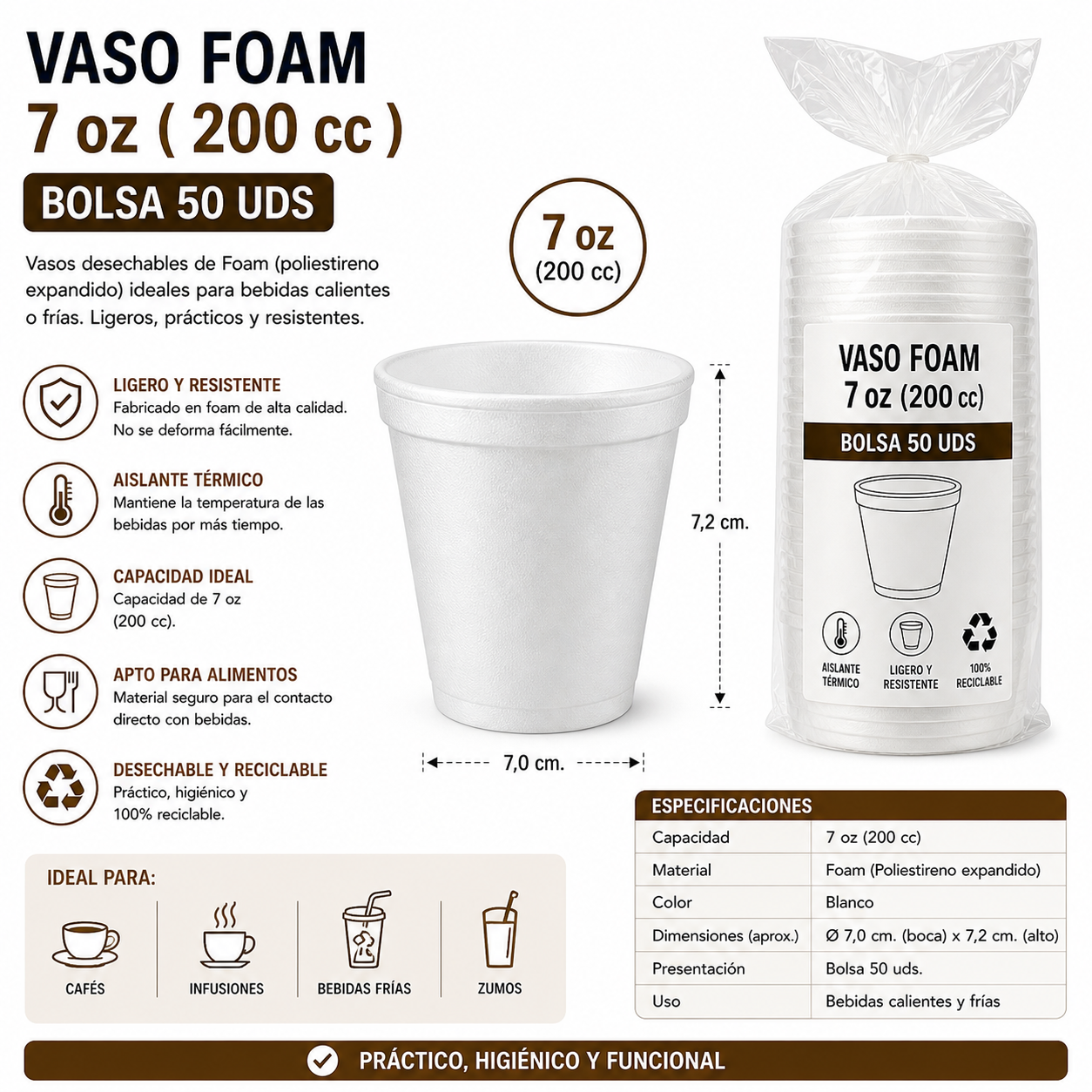 VASO Foam 7 oz ( 200 cc ) – BOLSA 50 UDS VASO Foam 7 oz ( 200 cc ) - BOLSA 50 UDS - Imagen 1