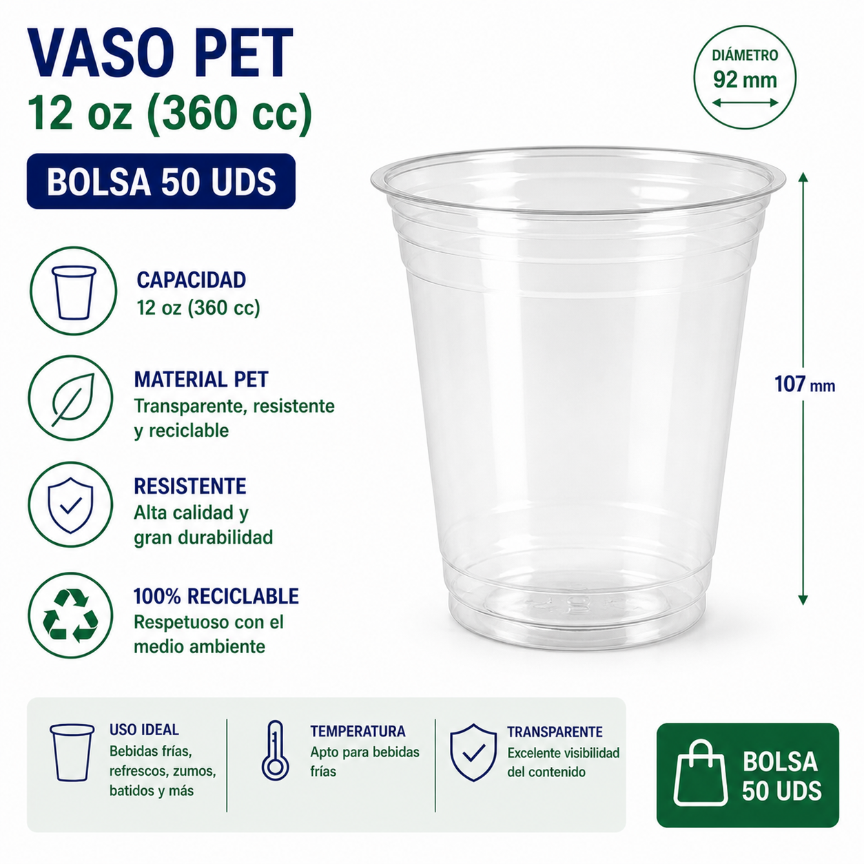 VASO PET 12 oz ( 360 cc ) – Dia92 mm – BOLSA 50 UDS VASO PET 12 oz ( 360 cc ) – Dia.92 mm - BOLSA 50 UDS - Imagen 1