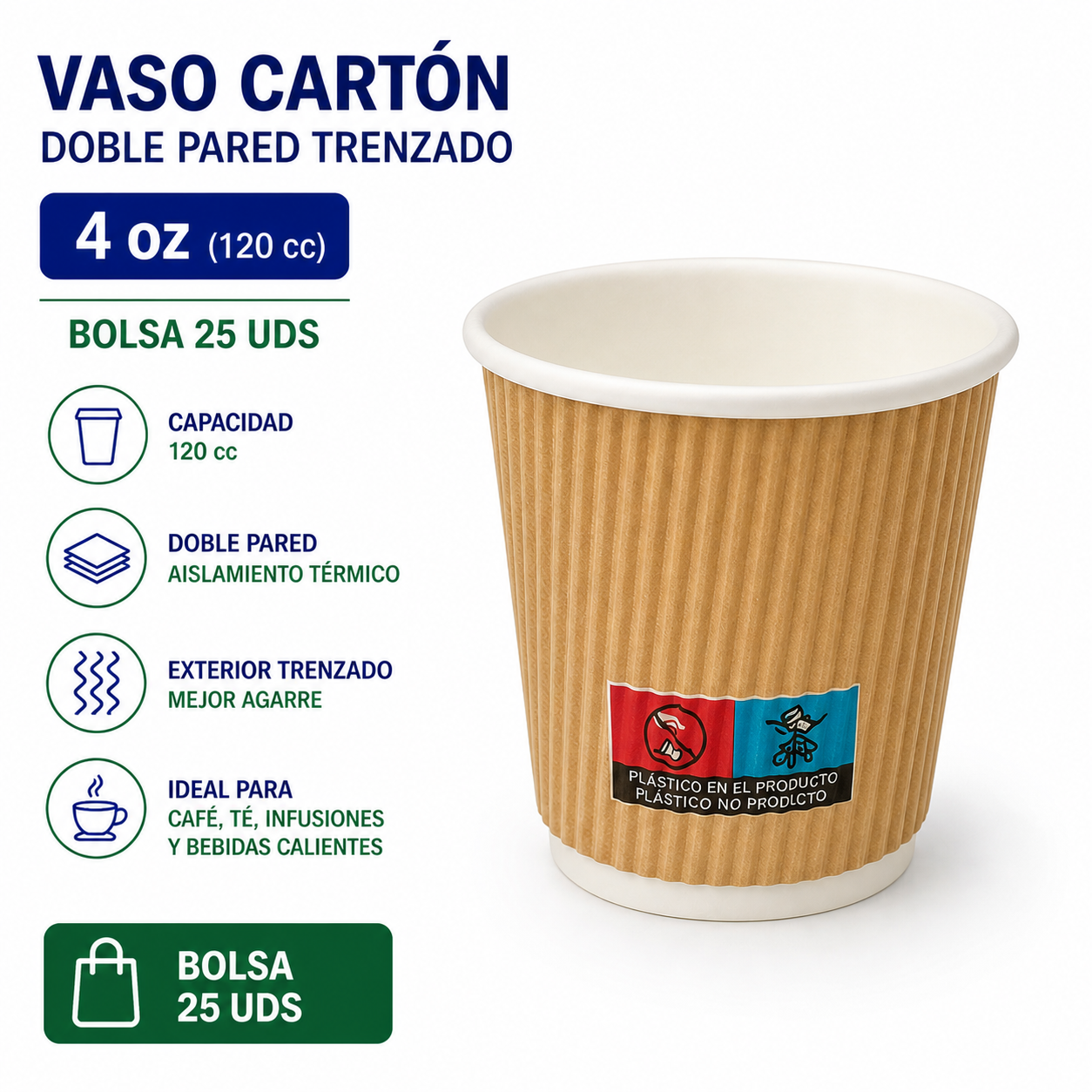 VASO Cartón Doble Pared Trenzado 4 oz ( 120 cc ) - BOLSA 25 UDS VASO Cartón Doble Pared Trenzado 4 oz ( 120 cc ) - BOLSA 25 UDS - Imagen 1