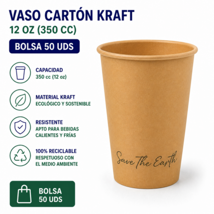 VASO Cartón Kraft 12 oz ( 350 cc ) - BOLSA 50 UDS